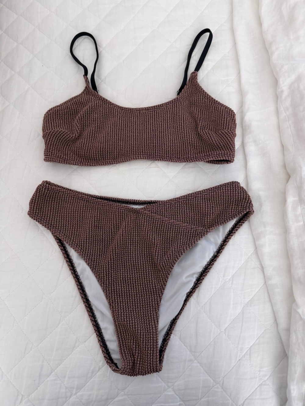 Cupshe Brown Textured Scoop Bikini Top with Black Straps - Women's Swim